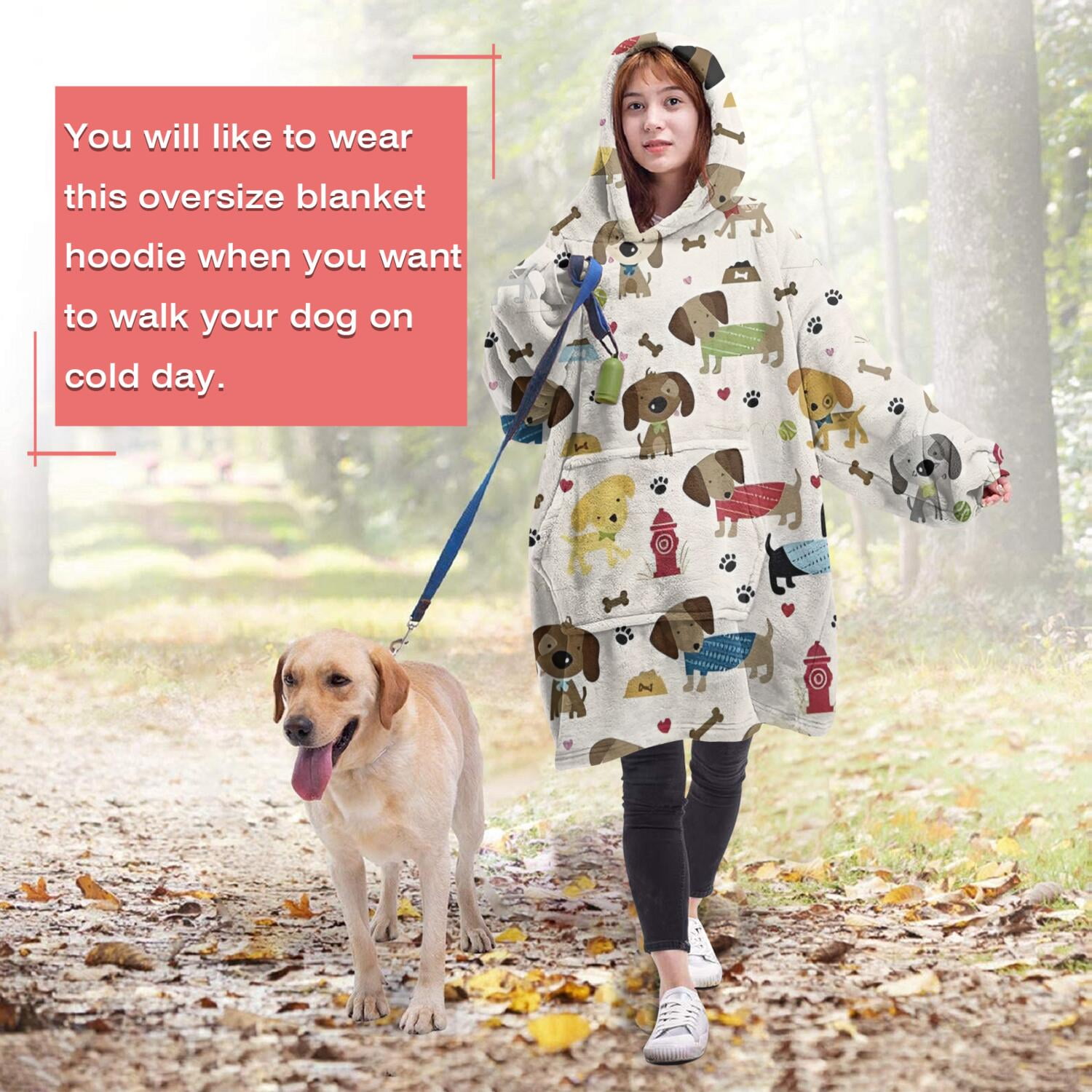 Rover Cream Dogs Bone Wearable Oversized Blanket,Wearable Blanket Hoodie for Adults,Cozy Hooded Blankets with Super Pockets,Super Warm Fuzzy Pullover for Women & Men