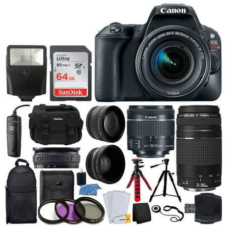- Canon EOS Rebel SL2 Digital SLR Camera + EF-S 18-55mm f/4-5.6 IS STM Lens + Sandisk Ultra SDXC 64GB 80MB/S Memory Card + Accessory Backpack + Flexible Tripod + UV Filters + Card Reader – Valued Bundle
