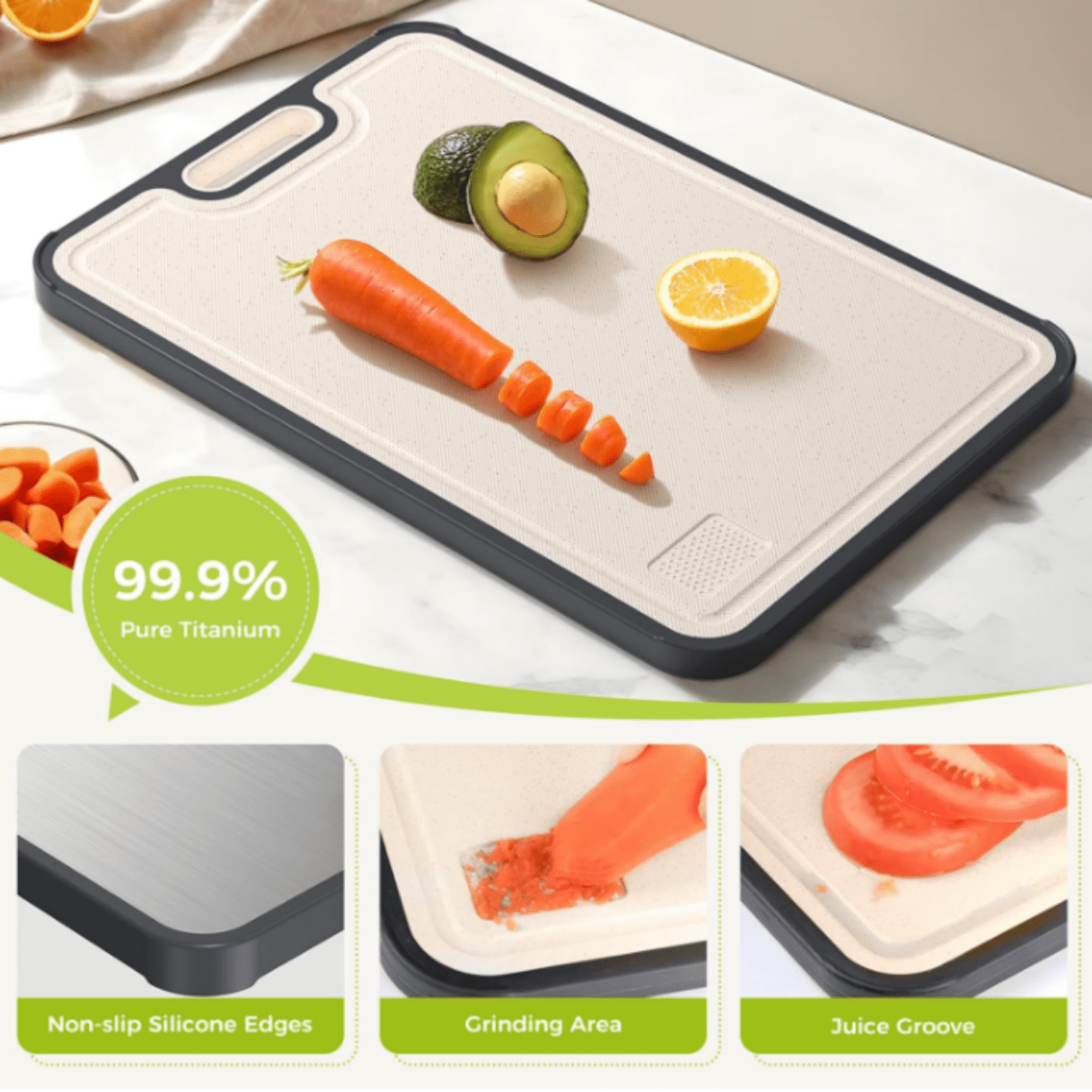 Titanium Cutting Board for Kitchen, Cutting Board Double Sided Food Grade, Pure Titanium/PP, Easy to Clean Large Size 16”×11”