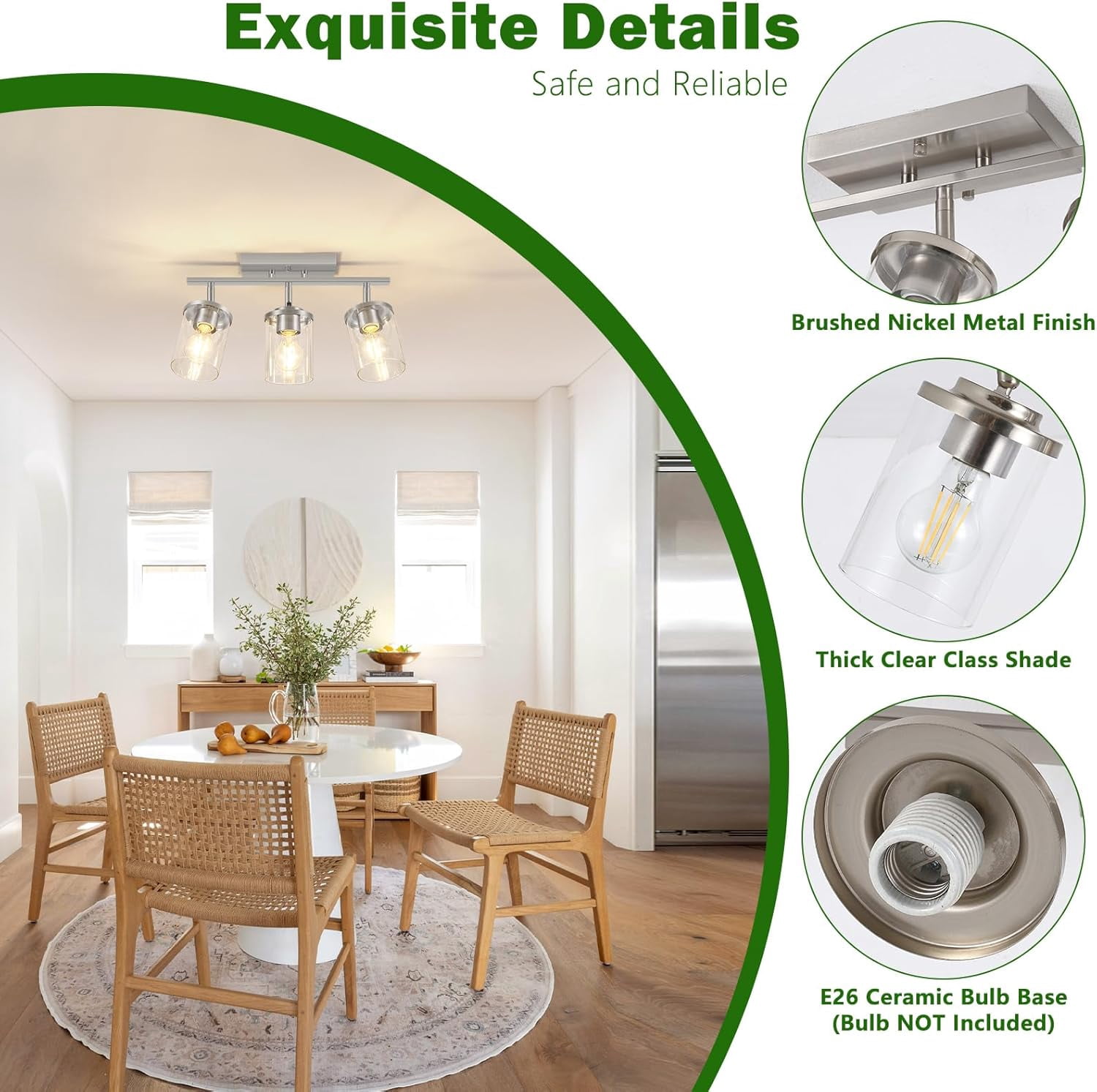 3-Light Track Lighting Brushed Nickel Semi Flush Mount Ceiling Light with Clear Glass Shades Multi-Directional Track Spotlights for Kitchen Hallway Bathroom, Bulb Not Included