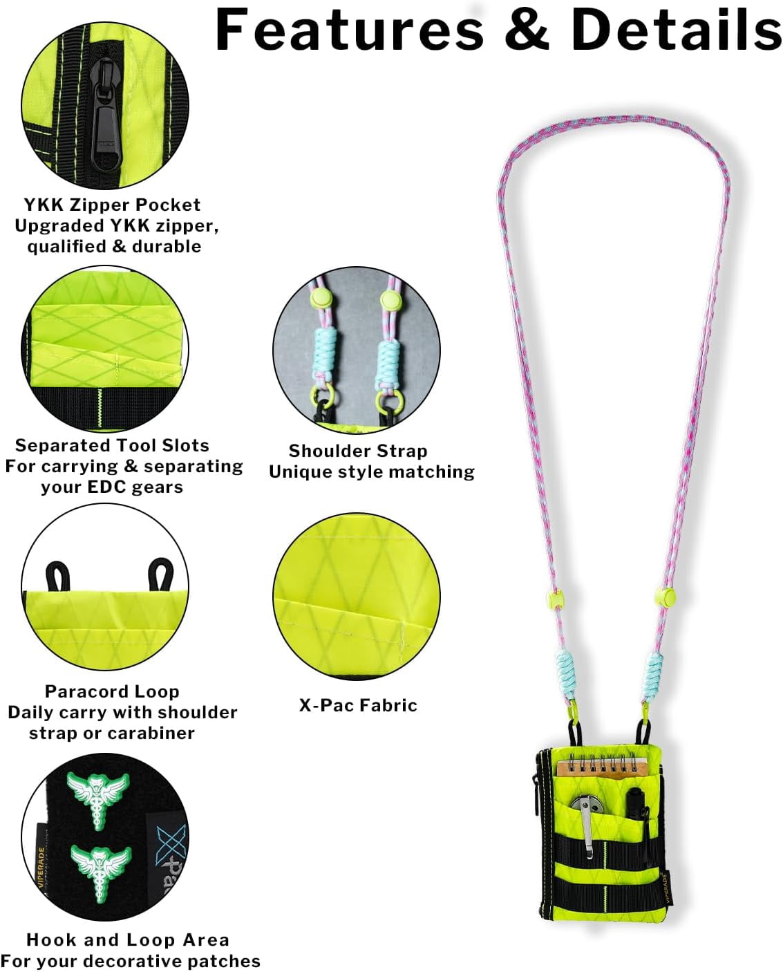 VIPERADE EDC Tool Pouch with Strap, 4 Multi-Purpose Pockets, Slim EDC Wallet Organizer for Men, Green