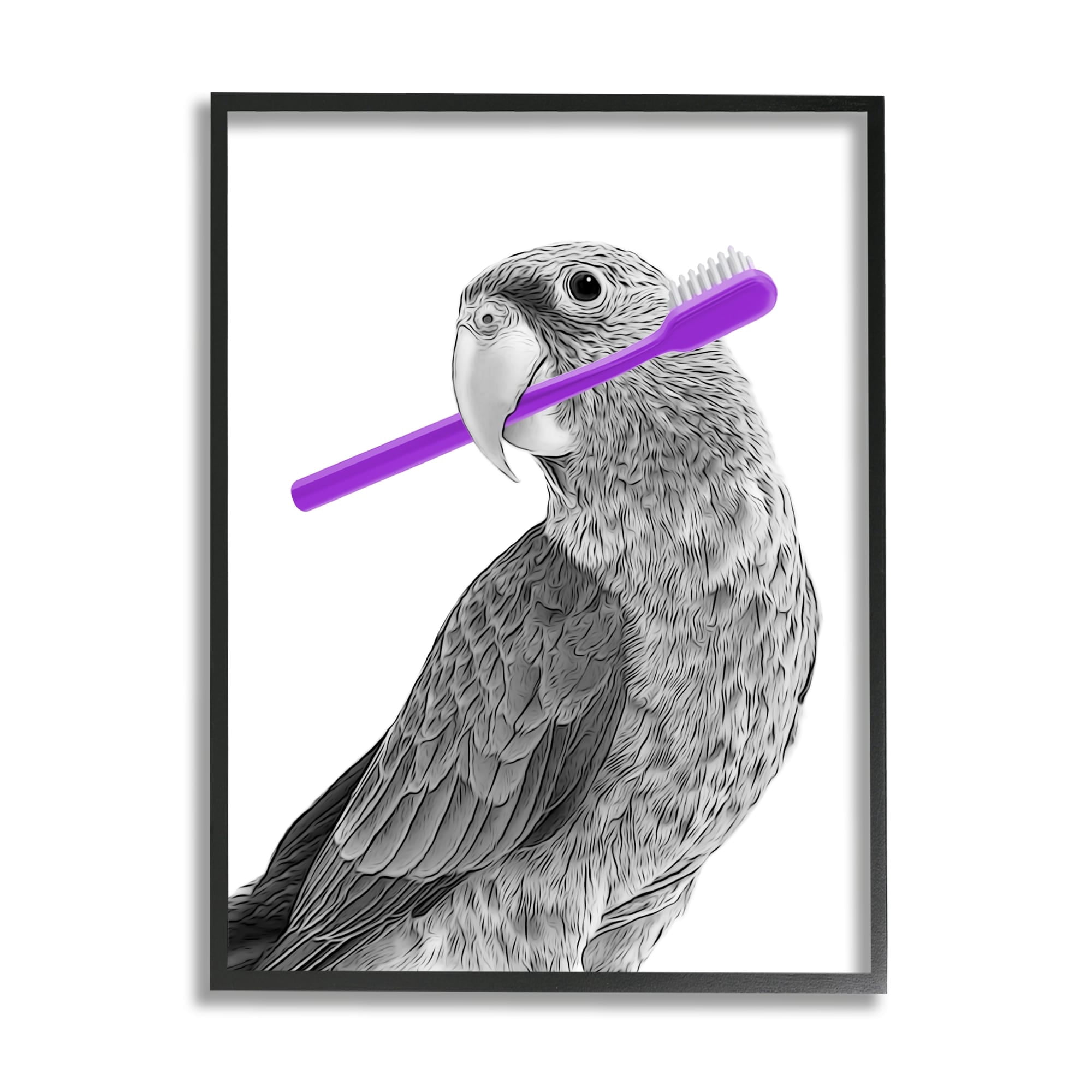 Stupell Industries Parrot With Toothbrush Funny Bird Animals & Insects Painting Black Framed Art Print Wall Art