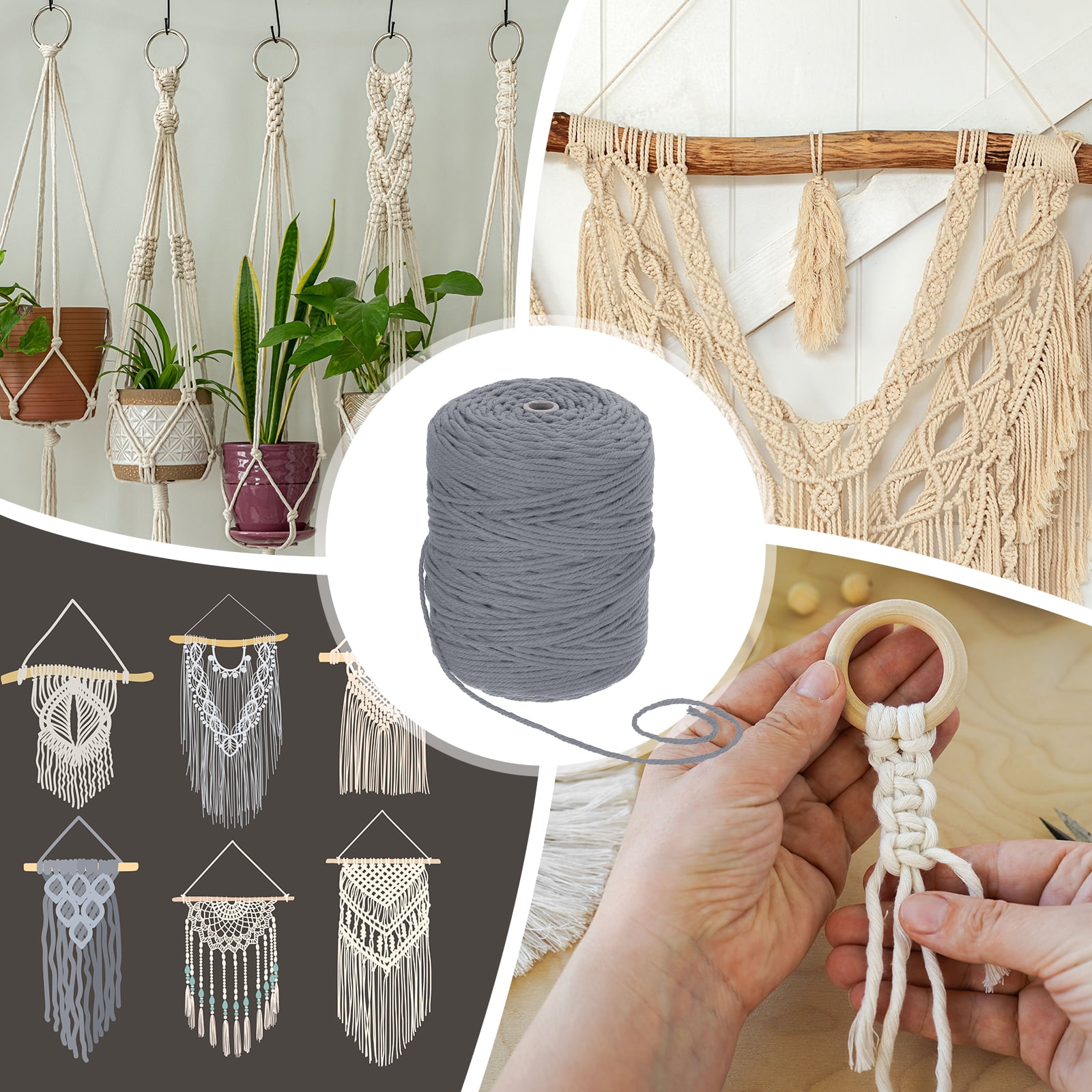 Uxcell Natural Macrame Cord 3mm x 328 Yards 4 Strand Twisted Cotton Macrame Rope for DIY Knitting Plant Wall Hanger Dreamcatcher, Deep Gray