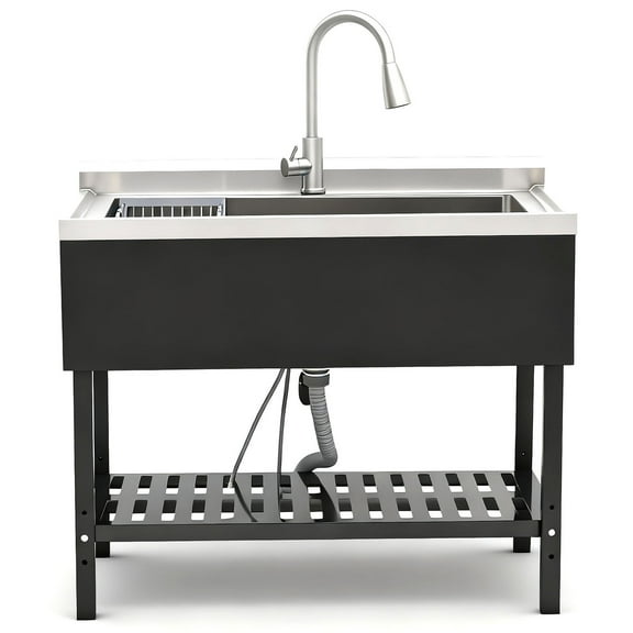 S-HOME Large Capacity Stainless Steel Utility Sink With Convenient Pull-Out Faucet And Grille,Freestanding Design For Easy Cleaning