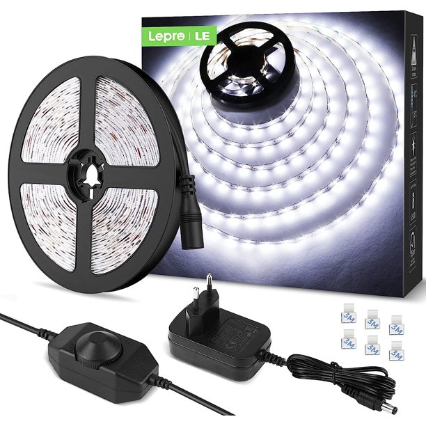 FlkwoH 5M Tira LED 1200LM Blanco Frío Regulable, 12V 6000K 300LEDs 2835, Tira LED Autoadhesiva con Dimmer, Conectores+Transformador, Iluminación Interior para Muebles, Escaleras, Dormitorio, Cocina