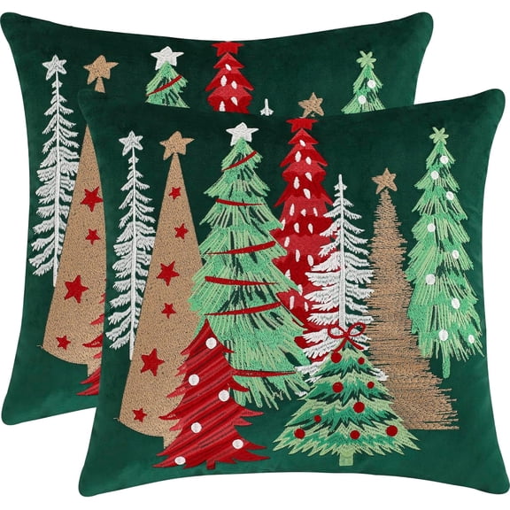 Tosleo Christmas Throw Pillow Covers 18 x 18 inch Set of 2 Xmas Trees Velvet Pillow Case Christmas Party Red and Green Decor Embroidery Pillowcase Winter Holiday Cushion Cases