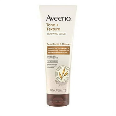 Aveeno Tone   Texture Renewing Body Scrub, Exfoliating Body Wash to Reveal Smoother Skin and a More Even Skin Tone, Prebiotic Oat Formula for Sensitive Skin, Fragrance-Free, 8 oz
