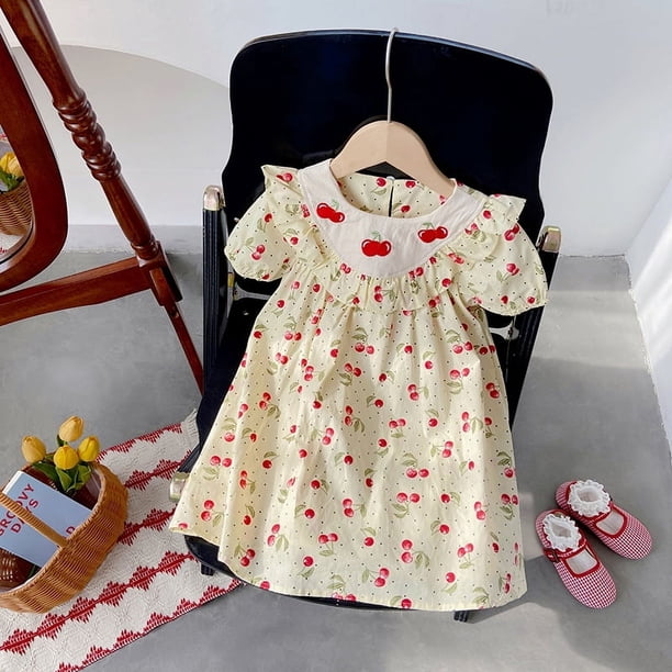 Vestido de niña con volantes y bordado de fresas Vestido de muñeca de manga corta con estampado de frutas de verano para niños