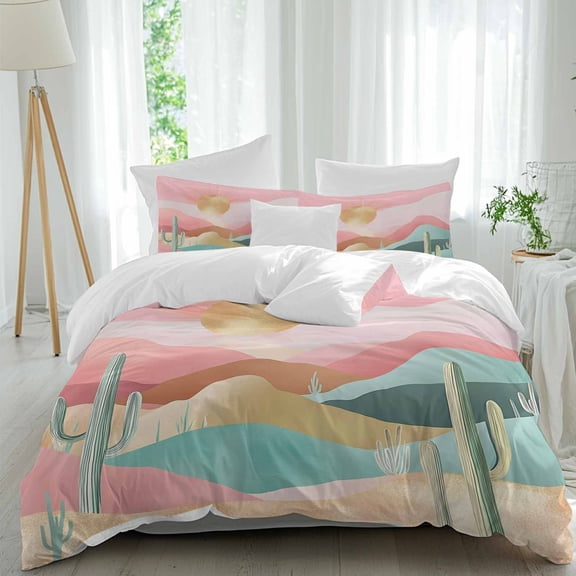3 Piece Southwest Boho Duvet Cover Set California King,Microfiber Comforter/Quilt Cover with Corner Ties and 2 Pillowcases,Abstract Watercolor Cactus Mountain All Season Bedding with Zipper Closure