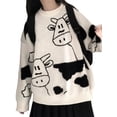thumbnail image 2 of Qiylii Women Loose Sweater, Long Sleeve Crew Neck Cartoon Cow Print Pullover, 2 of 7