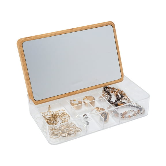 Simplify 5 Compartment Clear Organizer Jewelry Box with Bamboo Lid & Mirror
