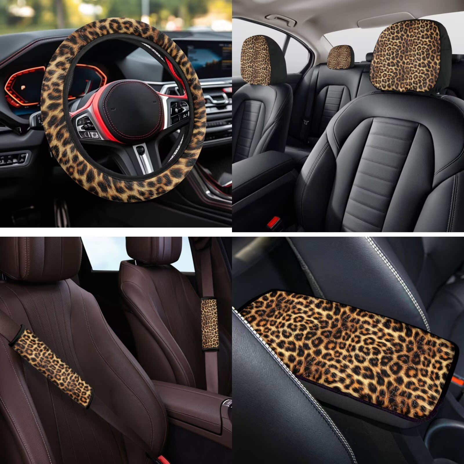 HUIACONG Brown Leopard Print Car Seat Covers Full Set for Women 14 Pcs Universal Cheetah Print Car Accessories Steering Wheel Cover Arm Rest Cover Seat Belt Pads Headrest Covers Coasters Keychain