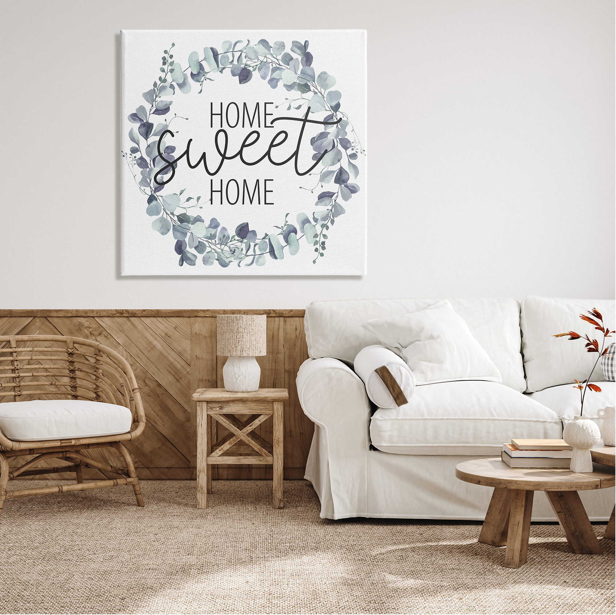 Stupell Industries Home Sweet Home Greeting Blue Green Eucalyptus Plant Wreath, 36 x 36, Design by Kim Allen