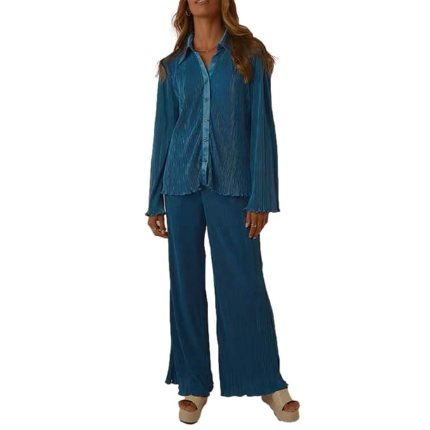 SAYOO , ropa informal para mujer, trajes de Color sólido con volantes, botón de solapa, camisa de manga larga, Tops y pantalones de pierna ancha sueltos SAYOO casual