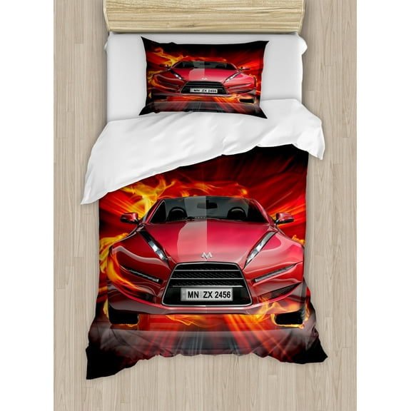 Cars Duvet Cover Set Twin Size, Front View of a Fire Car Speeding Hot Flames on Abstract Backdrop Concept Design, Decorative 2 Piece Bedding Set with 1 Pillow Sham, Red Orange Black, by Ambesonne
