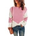 thumbnail image 1 of Suéter de punto informal con cuello redondo y mangas caídas para mujer, suéter de punto informal con empalme de colores para primavera, otoño e invierno, color rosa S, 1 of 5