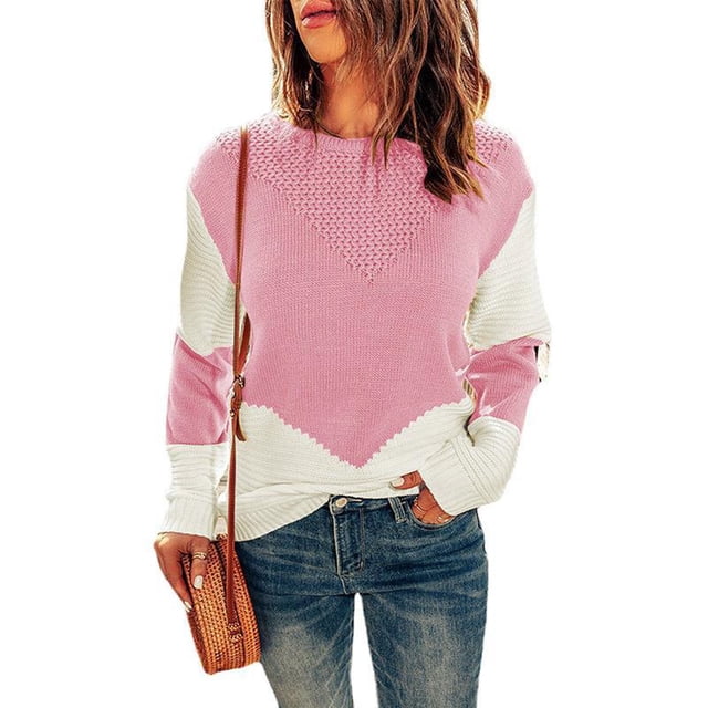 Suéter de punto informal con cuello redondo y mangas caídas para mujer, suéter de punto informal con empalme de colores para primavera, otoño e invierno, color rosa S