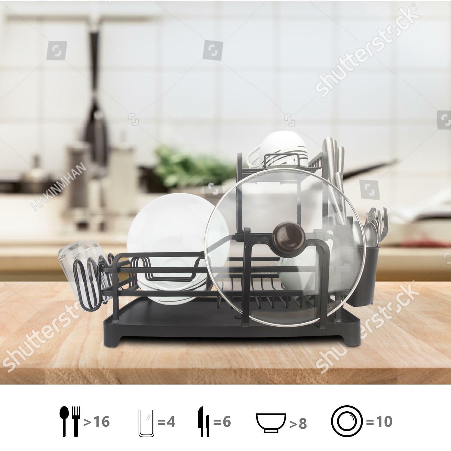 Evelyne GMT-10353-A Black Aluminum Dish Drying Rack with Utensil Holder - 2 Tier Kitchen Countertop Rust Proof Dish Rack and Drainboard Set - Large Dish Organizer Rack