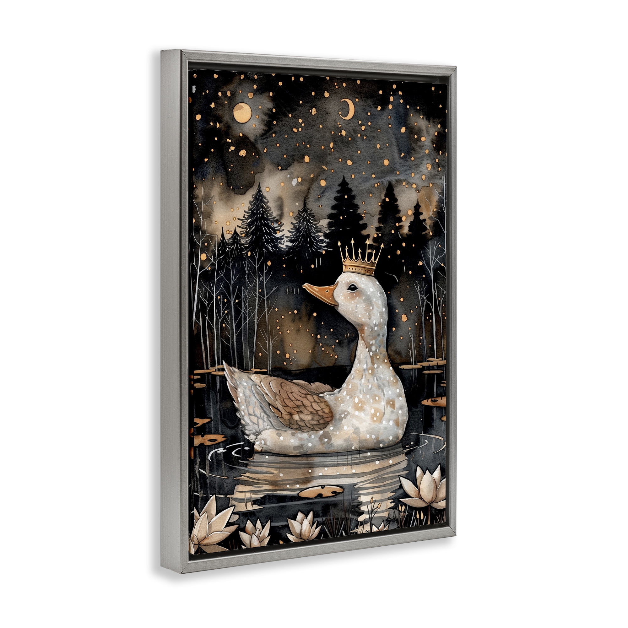 Stupell Industries Regal Duck at Night Animals & Insects Painting Gray Floater Framed Art Print Wall Art, 21 x 31