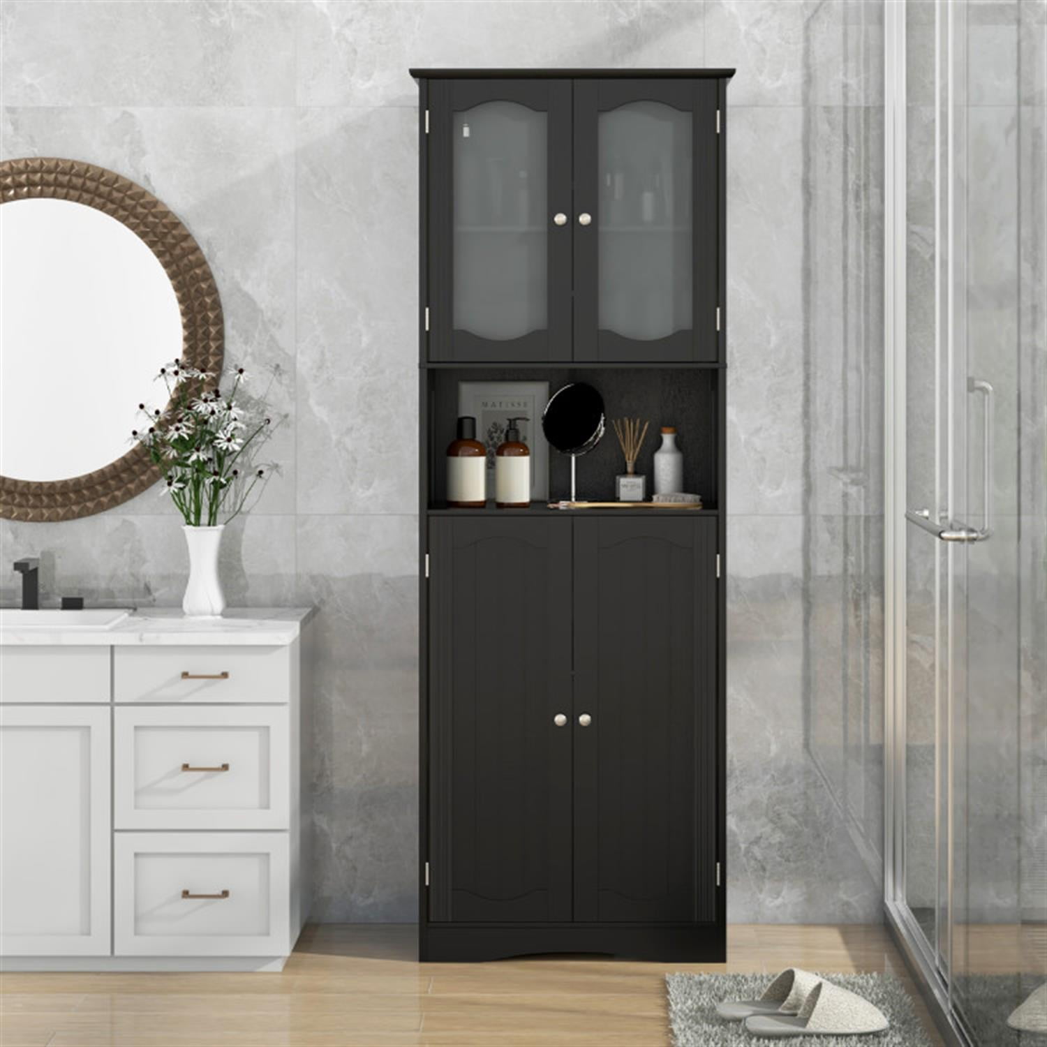 Demi Bonn 64.5" Tall Freestanding Bathroom Storage Cabinet with Frost Glass Doors and Shelves, Pantry Cabinets, Black