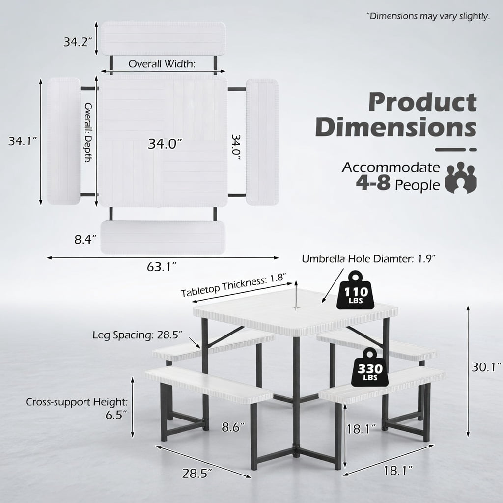 Hommoo Outdoor Square HDPE Picnic Table & Bench Set for 4–8 People, Includes Umbrella Hole & Weather-Resistant Metal Frame, White