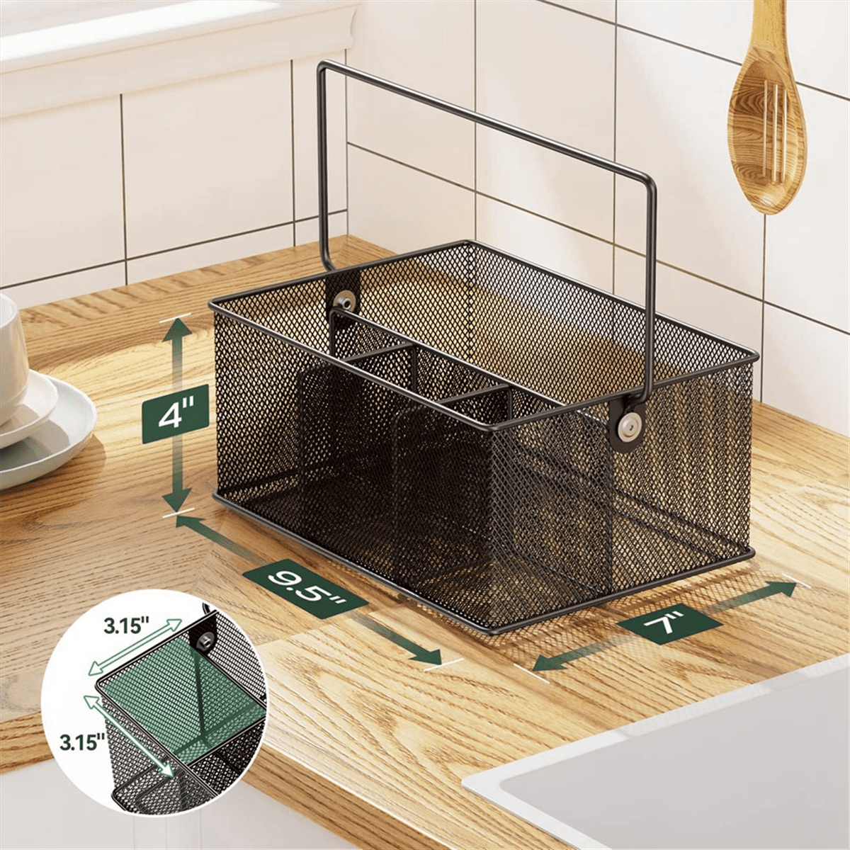 Cutlery Storage Basket with 4 Compartments, Mesh Flatware Holder Organizer Perfect for Home, Kitchen, , Camping