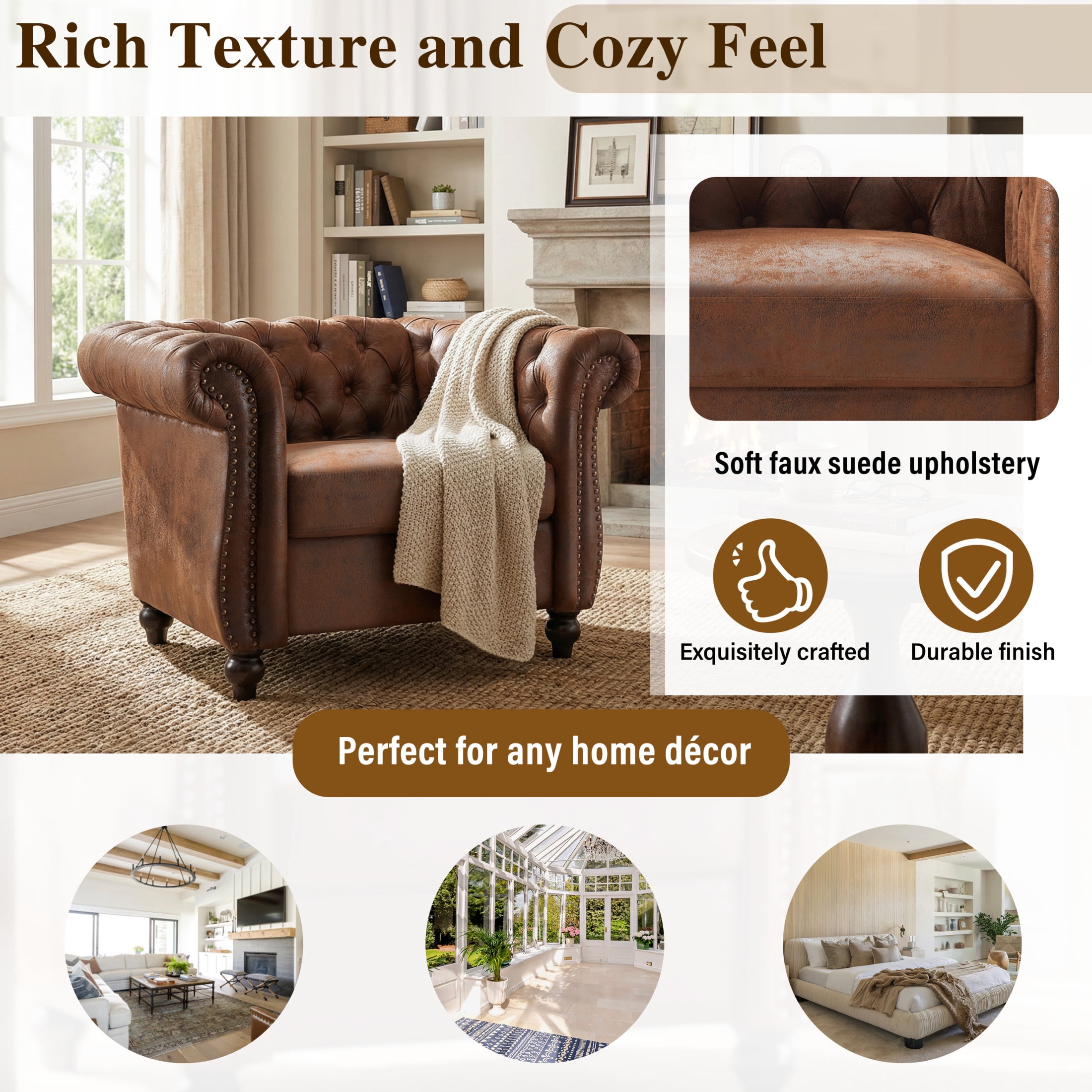 Christopher Knight Home Chesterfield Club Chair with Scrolled Arms and Solid Wood Legs, Brown
