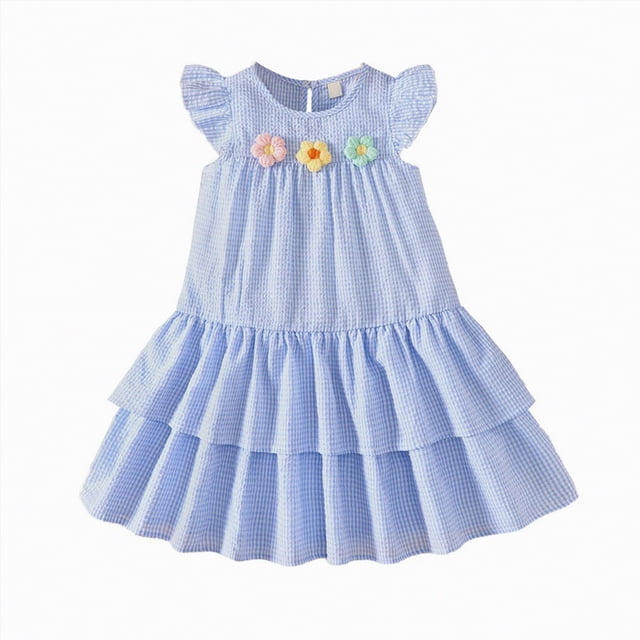 Gubotare Robe Tutu pour Tout-Petit Robe pour Bébé Fille Vêtements de Rentrée Manches Courtes Robes Smockées 4T (Bleu, 4 Ans)