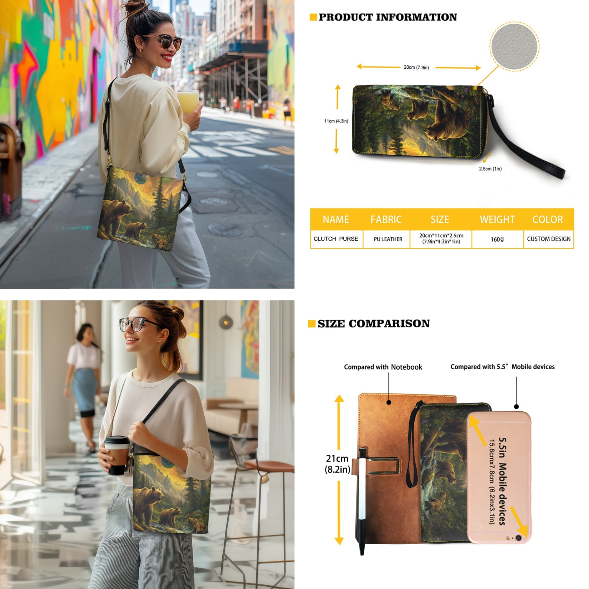 ZUXONGSY Bear Forest Planet Print Bucket Purse and Wallet Set for Women Trendy Leather Crossbody Handbag with Wrist Wallet Casual Shoulder Bag with Leather Wallet for Working