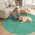 thumbnail image 3 of Washable Round Rugs 7ft Teal Solid Color Circle Rug Non-Slip Soft Non-Shedding Low-Profile Minimalist Vintage Linen Texture Modern Large Area Rug Carpet for Living Room Bedroom Dining Room Home Decor, 3 of 6