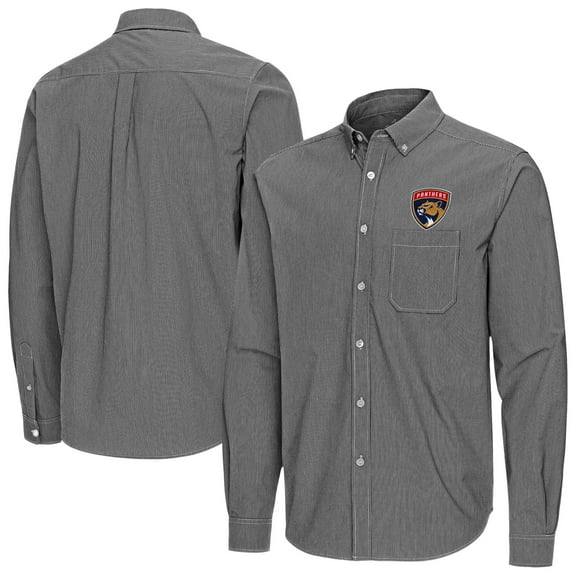 Men's Antigua Black Florida Panthers Porter Woven Tri-Blend Long Sleeve Button-Down Shirt