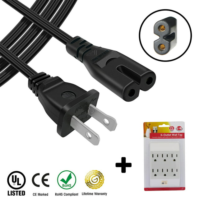 AC Power Cord 2 prong Figure 8 for Brother Janome Elna Pfaff Sewing Machine PLUS 6 Outlet Wall Tap - 8 ft