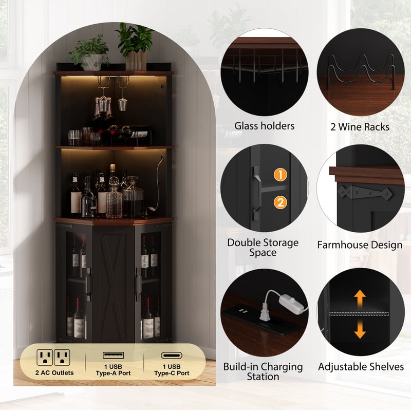 Triangular Corner Bar Cabinet with Power Outlet, Farmhouse Wine Storage Cabinet with Adjustable Shelves, LED Lights & Glass Rack