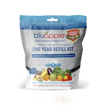 BluApple One Year Refill Kit Includes 8 Packets for 2 Bluapples with Carbon - for 1 Full Year to Keep Produce Fresh Longer and Help Absorb Unwanted Odors