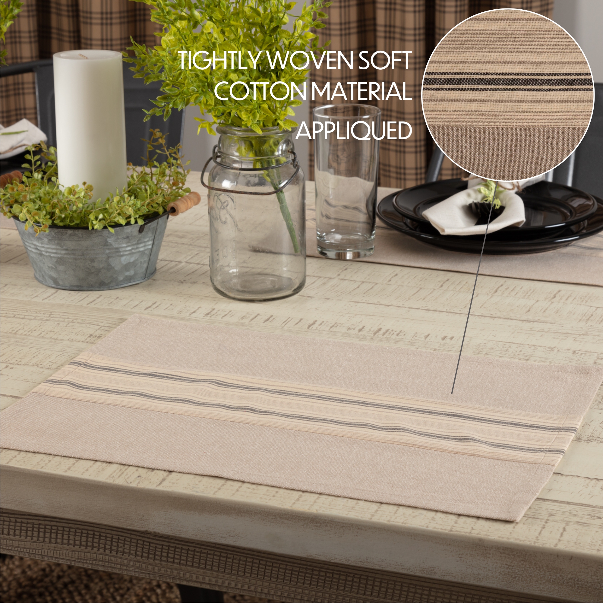 VHC Brands Farmhouse Tabletop & Kitchen-Sawyer Mill Runner, Placemat Set 12x18, Dark Creme Tan