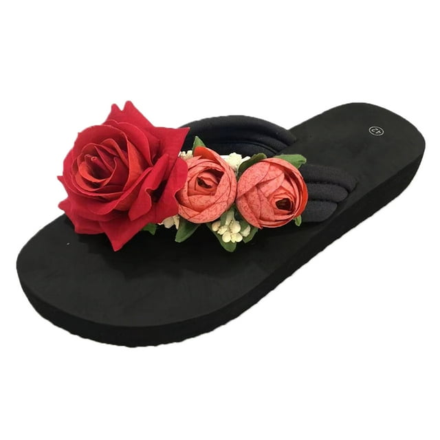Sandales pour Femmes Sandale Femme Adulte Chaussures en Caoutchouc Sandales pour Femmes avec Dessus en Peluche Pantoufles pour Femmes Tongs d'Été Ouvertes Fleurs Sandales Habillées Rouges 7