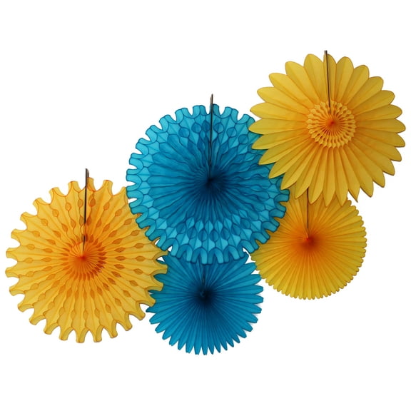 Devra Party Turquoise and Gold Large Tissue Paper Fan Decorations, 13 and 18 Inches (5 Piece)