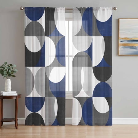 Abstract Geomrtry Semi Sheer Curtains 84 Inch Length 2 Panels Set Modern Navy Blue Middle Century Sheer Kitchen Curtain Privacy Voile Window Curtain for Living Room Bedroom Rod Pocket Drapes