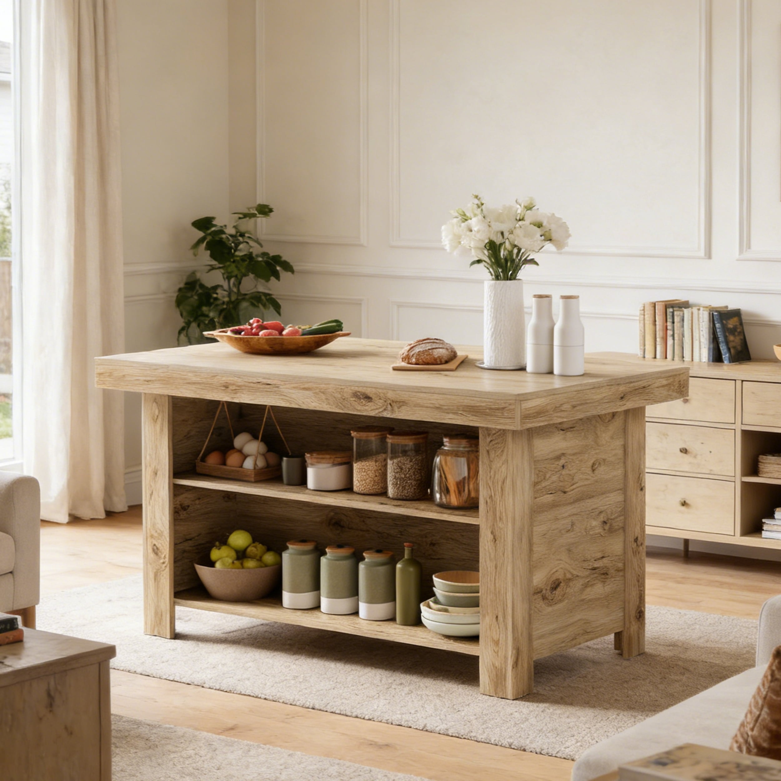 Fnova 55" Farmhouse Kitchen Island with Storage, Wooden Kitchen Table with 2-Tier Storage Shelves & Large Worktop, Modern Large Counter Height Table for Kitchen Prep & Dining