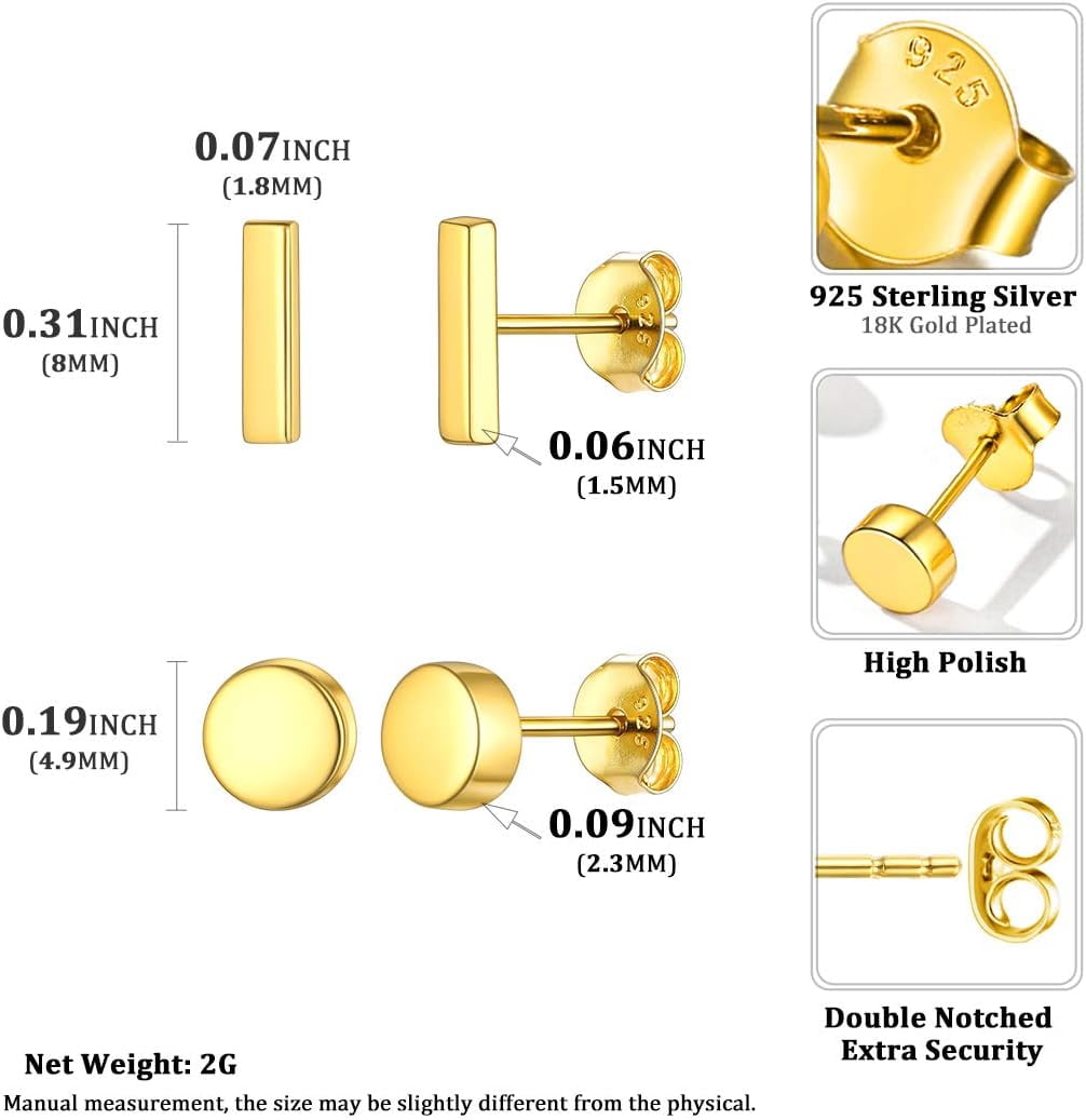 ChicSilver Gold Earrings for Women Studs Set 14K Gold Plated Dainty Simple Piercing Earrings Studs Hypoallergenic Sets(2 Pairs)