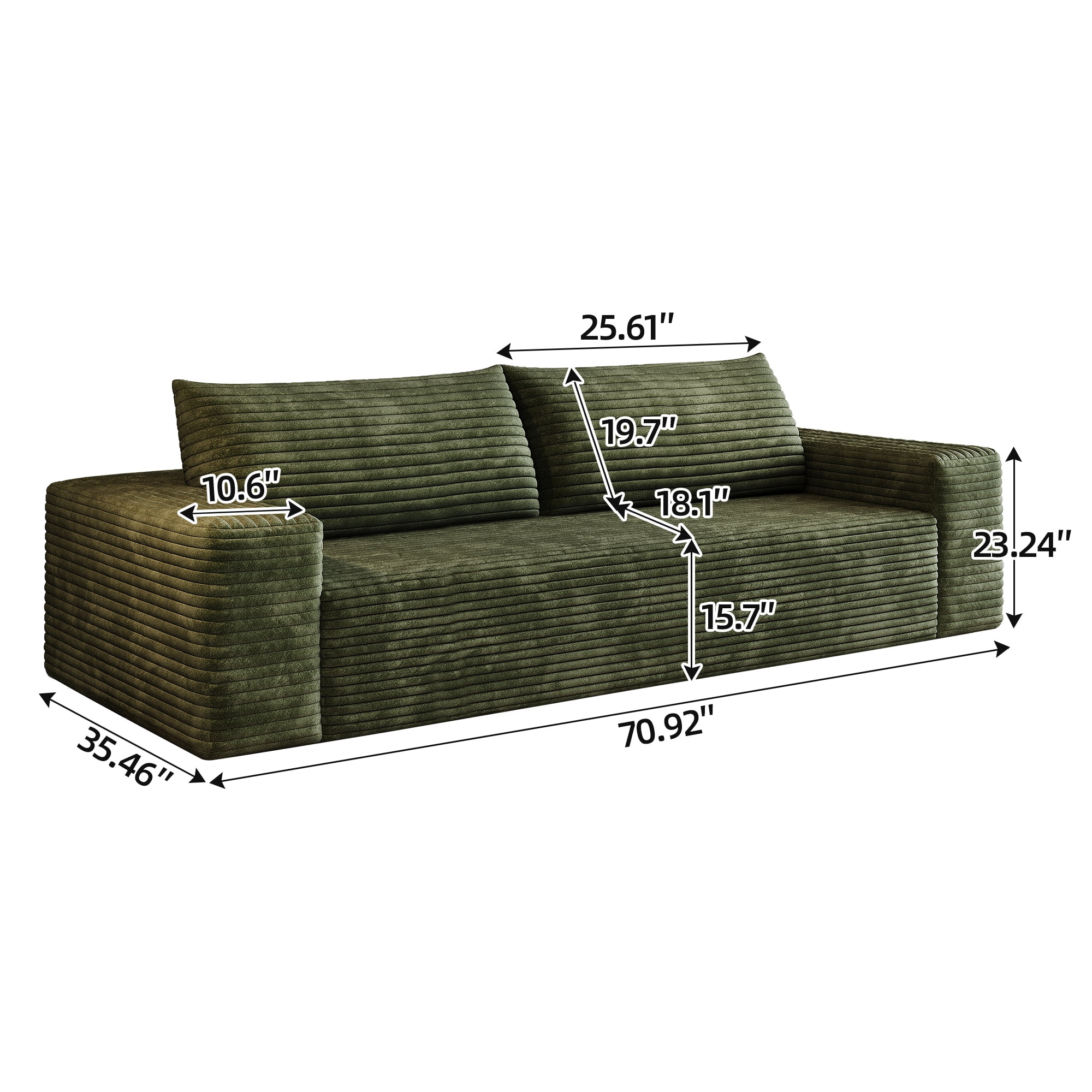 Leumius 71" Cloud Couch,3 Setaser Sofa with Deep Seat,Boneless Couch Sofa with 2 Pillows for Living Room,No Assembly Required,Green