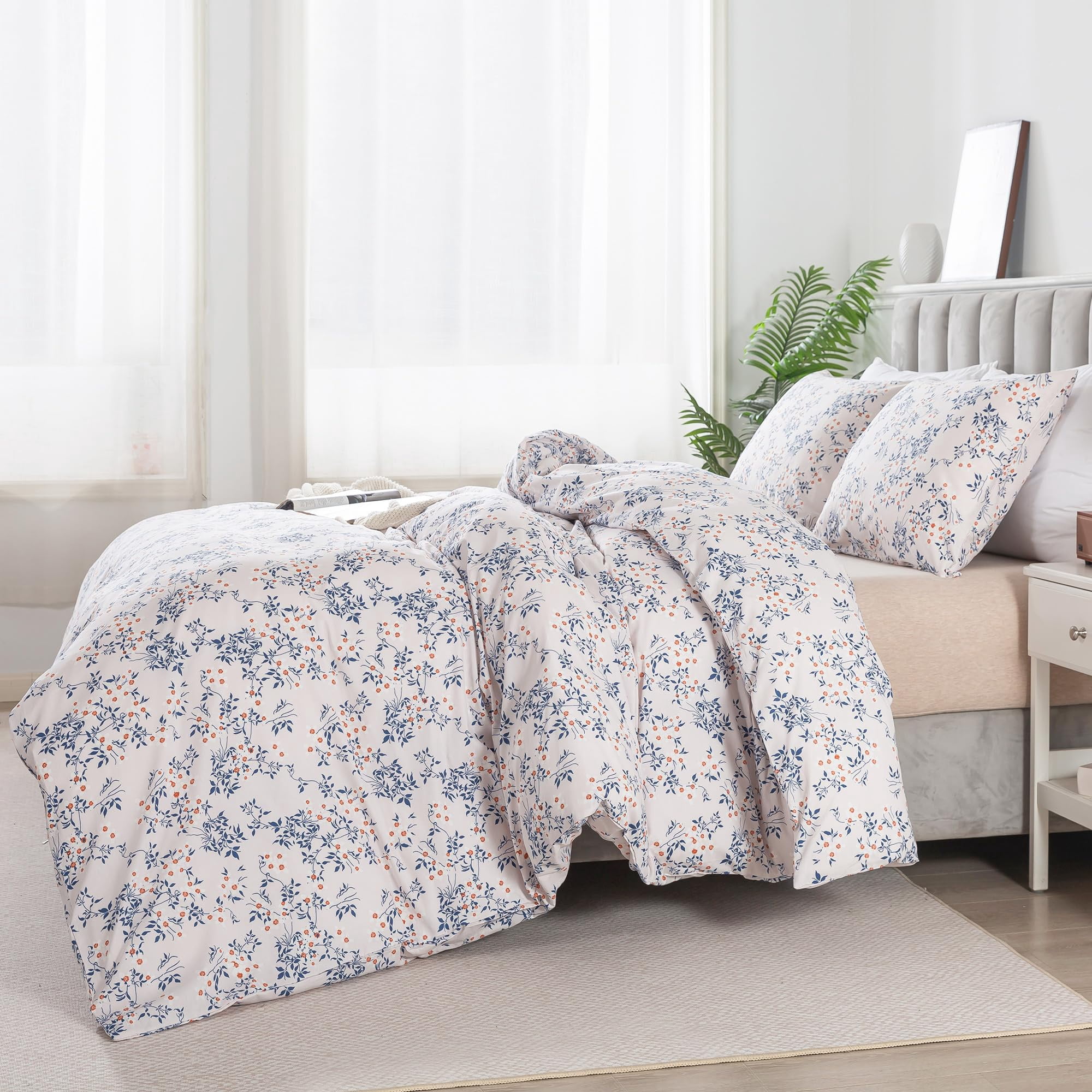 HoneiLife 3pc Duvet Cover Queen Size - 100% Cotton Comforter Floral Breathable Duvet Cover with Zipper Closure & Corner Ties, Blue Leaves