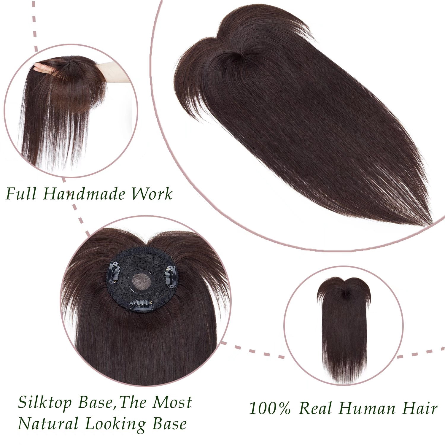 MY-LADY Hair Toppers for Women Real Human Hair with Bangs 3 Clip In Remy Topper Hairpiece for Thin Hair Natural Looking Hair Extensions 14inch #02 Dark Brown