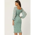 thumbnail image 4 of Vestido de mujer Allegra K floral con cuello cuadrado volantes mangas farol ajustado elegante sirena fruncido Verde Claro L, 4 of 6