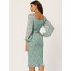 thumbnail image 4 of Vestido de Mujer Floral Allegra K Cuello Cuadrado Volantes Mangas Farol Ajustado Elegante Sirena Fruncido Verde Claro XL, 4 of 6