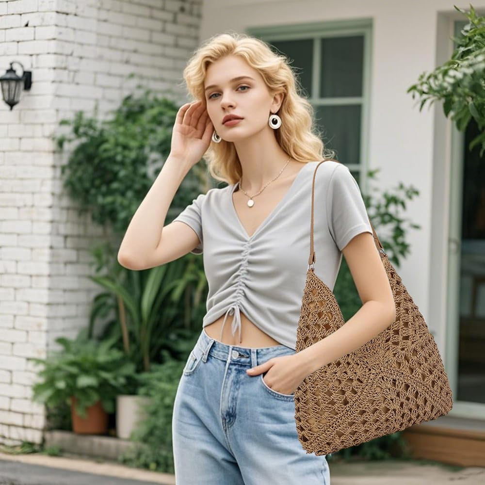 Omlopp Straw Beach Tote Bag for Women Raffia Crochet Purse Large Summer Hobo Woven Shoulder Handbag for Vacation