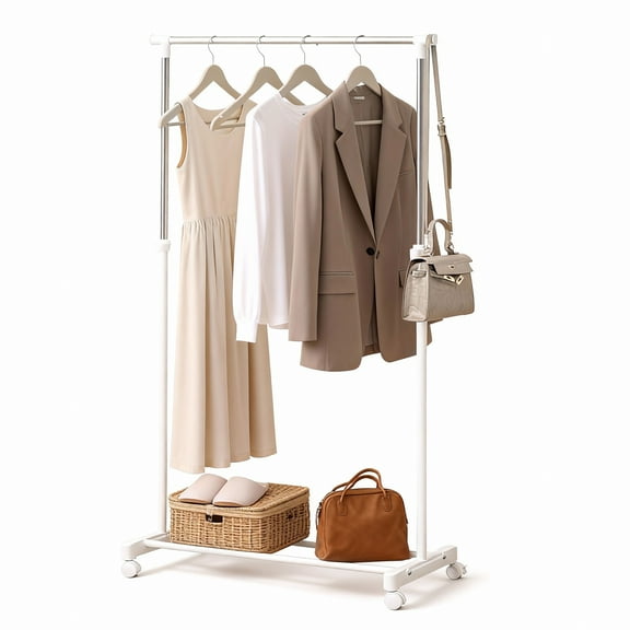 GARITIN Clothing Rack with Wheels, Adjustable Height Rolling Garment Rack, Rolling Clothes Organizer Metal Chrome, White
