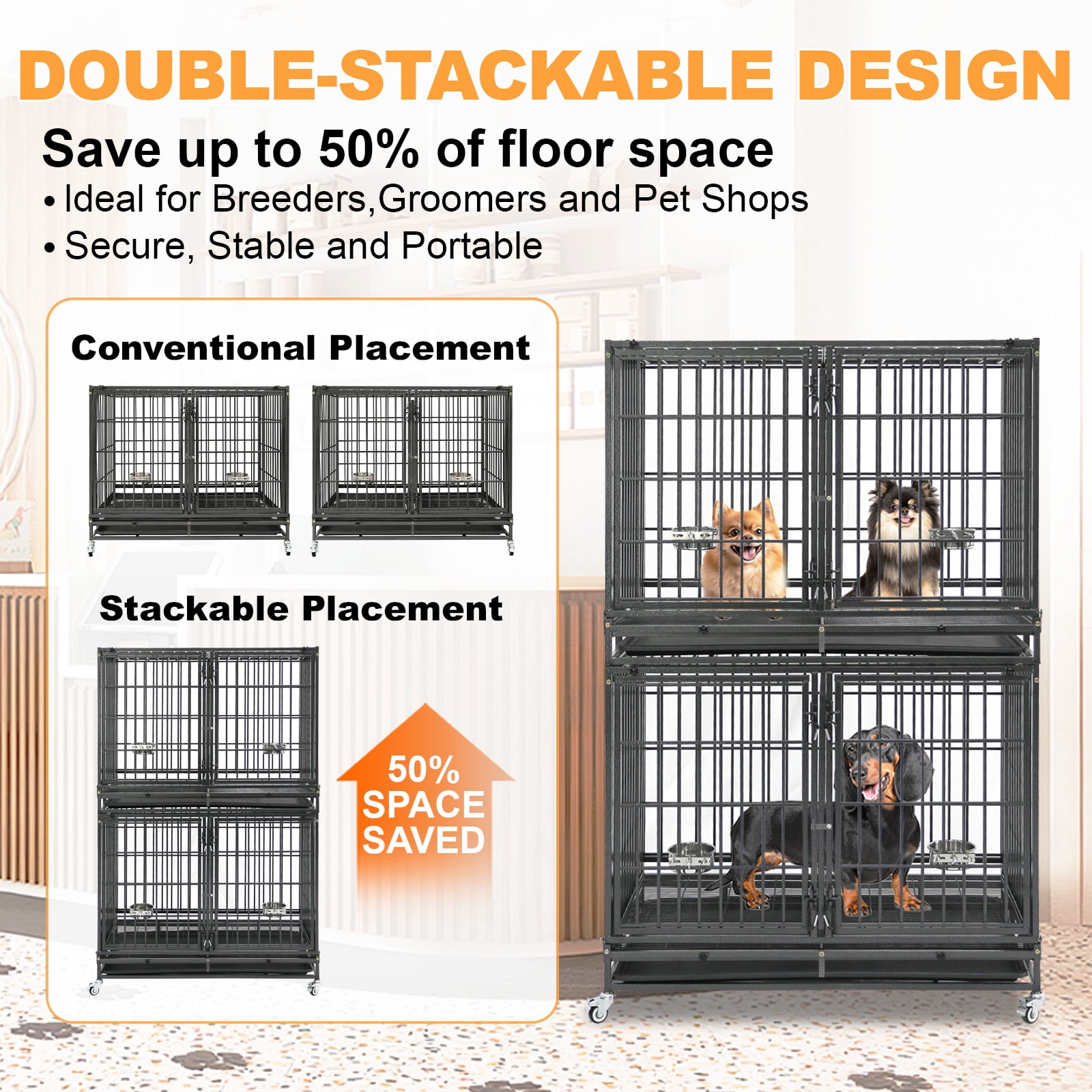 Homey Pet Stackable 43 inch Dog Crate Cage Kennel Indoor with Divider, 2X Steel Bowls, 4X Lockable Wheels, Tray, Heavy Duty Wire Dog Crates for Large/Medium/Small Dogs (Tall Model)