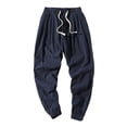 thumbnail image 3 of Huanglei Mens Drawstring Waist Pants ,Summer Men's Solid Color Large Size Loose Cotton Linen Nine Minute Pants Harlan Casual (Blue ,XX-Large), 3 of 5