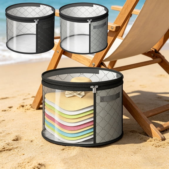 Hat Storage Box with Clear Window, Collapsible Sun Hat Organizer Bag with Zipper, Round Dustproof Storage Case for Wide Brim Straw Beach Hats Fedora, AKLJWH